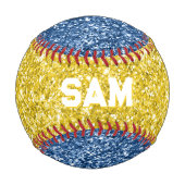Gold und Blauer Glitzer Fett Sport Monogram Baseball (Vorderseite)