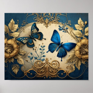 Gold und Blauer Goldschmetterling Decoupage Poster
