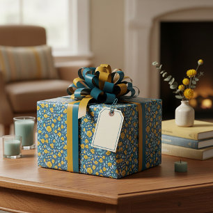 Gold- und blaues Wasserfarben-Blumenmuster Geschenkpapier