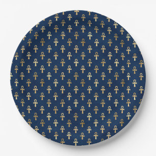 Gold und Blue Egyptian Ankh Pattern Pappteller