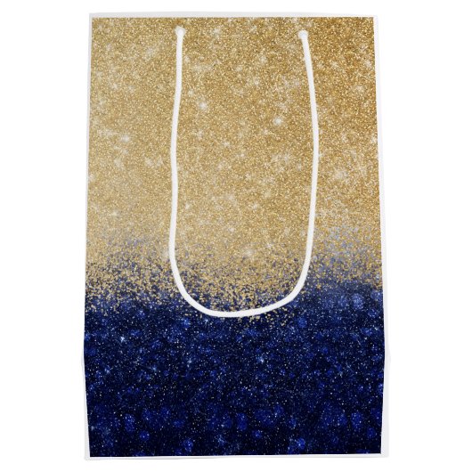 Gold und Blue Glitzer Ombre Luxury Design Mittlere Geschenktüte (Rückseite)