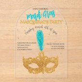 Gold und Blue Glitzern Mask Mardi Gras Party Acryleinladungen (Vorderseite)