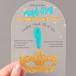 Gold und Blue Glitzern Mask Mardi Gras Party Acryleinladungen