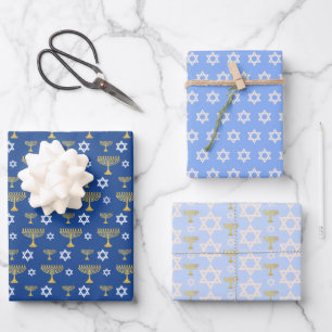 Gold und Blue Hanukkah Urlaubsmuster Geschenkpapier Set