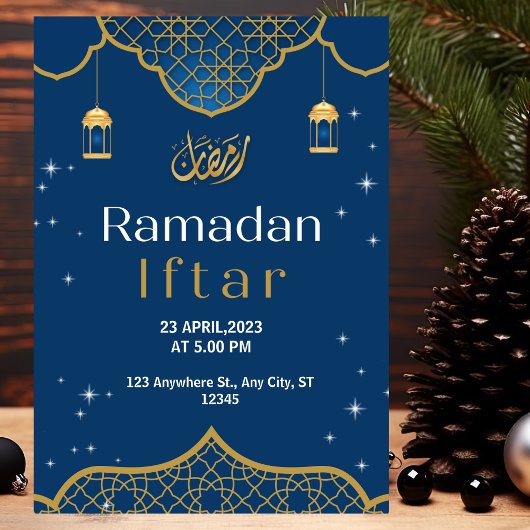 Gold und Blue Illustrative Ramadan Iftar Einladung