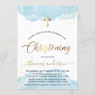 Gold und Blue Watercolor Boy Christening Einladung