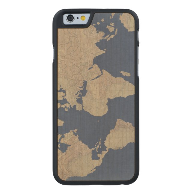 Gold und Blue World Map Carved Wood iPhone Hülle (Rückseite)