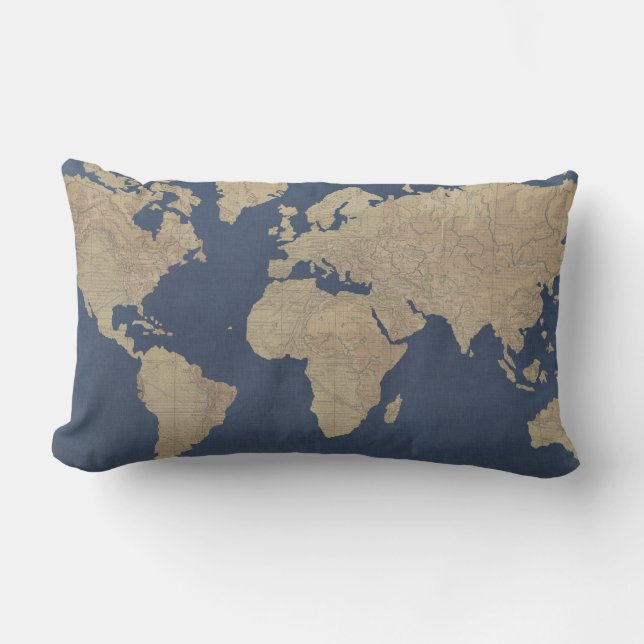 Gold und Blue World Map Lendenkissen (Vorderseite)