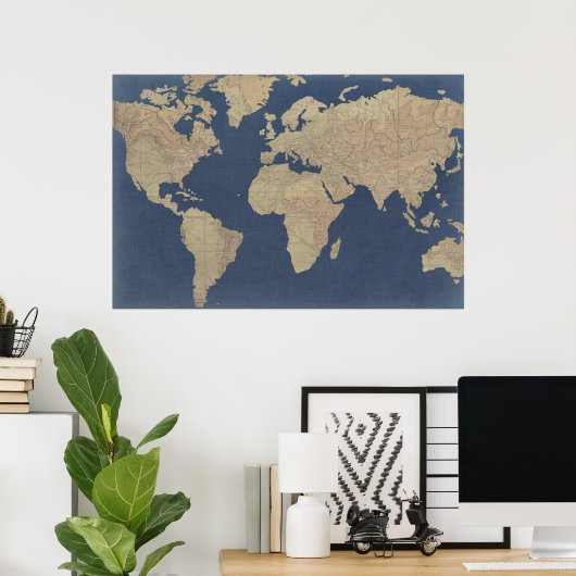 Gold und Blue World Map Poster (Heimbüro)