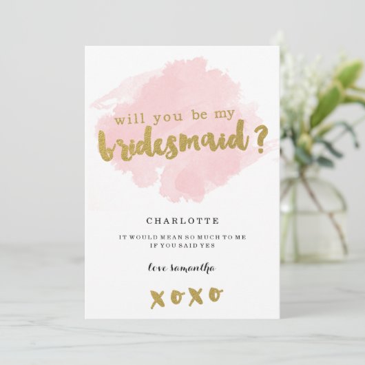 Gold und Blush wirst du meine Bridesmaid sein? Einladung (Stehend Vorderseite)