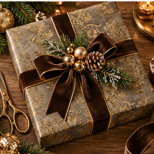 Gold- und Bronzebrown Damast-Kunstvelours-Weihnach Geschenkpapier