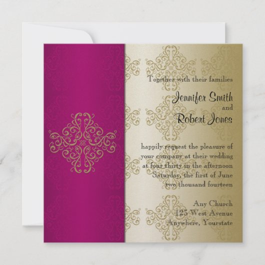 Gold und Burgund Damask Posh Wedding Einladung (Vorderseite)