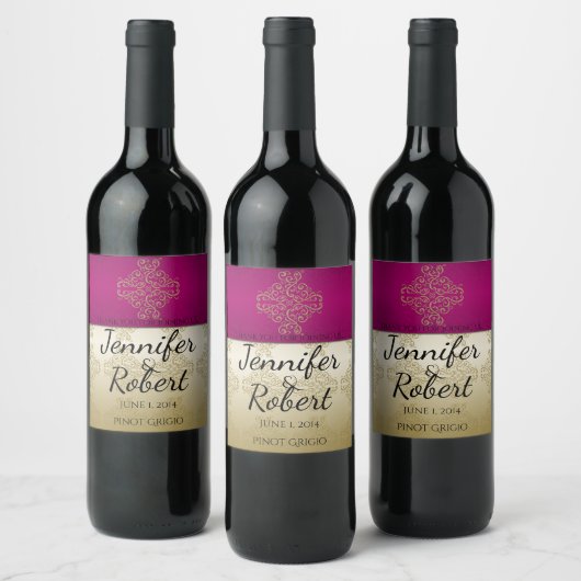 Gold und Burgund Damask Posh Wedding Wine Label Weinetikett (Flaschen)