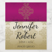 Gold und Burgund Damask Posh Wedding Wine Label Weinetikett (Einzelnes Label)
