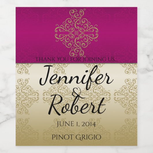 Gold und Burgund Damask Posh Wedding Wine Label Weinetikett (Einzelnes Label)