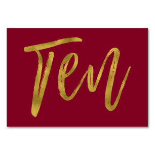 Gold und Burgund Elegante Tischnummer Zehn.