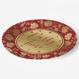 Gold- und Burgunder-Damast, Party-Zeittypografie Pappteller