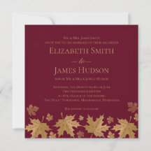Gold- und Burgunder-Herbstblätter-Hochzeitseinladu