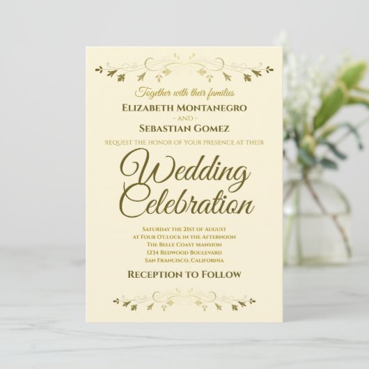 Gold und Creme Elegant Filigree Simple Wedding Einladung (Stehend Vorderseite)
