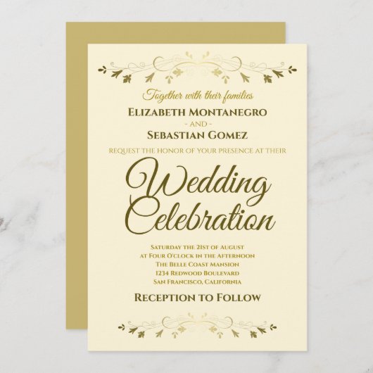 Gold und Creme Elegant Filigree Simple Wedding Einladung (Vorne/Hinten)