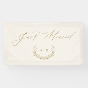 Gold- und Creme-Lorbeer-Monogramm-Frisch-verheirat Banner