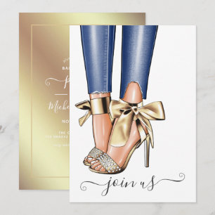 Gold und Denim Fashionista Junggesellinnenabschied Einladung