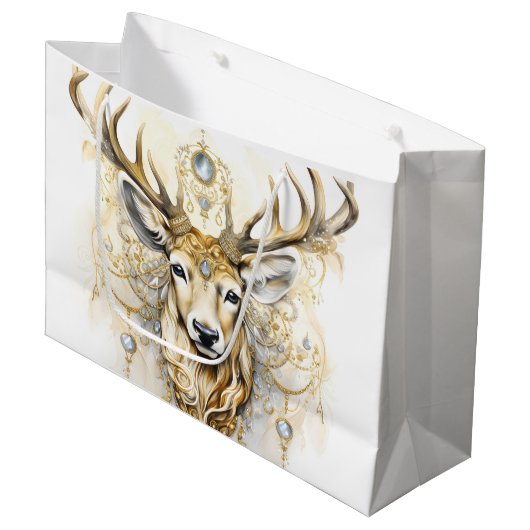 Gold und Diamant Glittery Deer Große Geschenktüte (Vorderseite Schrägansicht)
