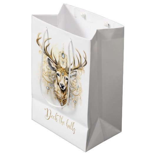 Gold und Diamant Glittery Deer Mittlere Geschenktüte (Vorderseite Schrägansicht)