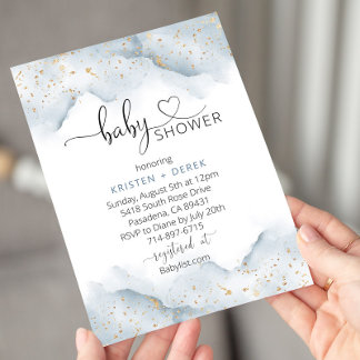 Gold und Dusty Blue Watercolor Babydusche Einladung