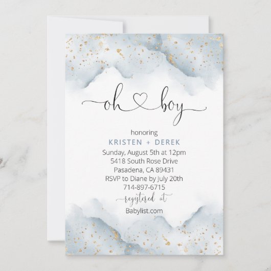 Gold und Dusty Blue Watercolor Babydusche Einladung (Vorderseite)