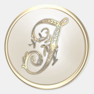 Gold- und Elfenbein verziertes Initial-Monogramm J Runder Aufkleber