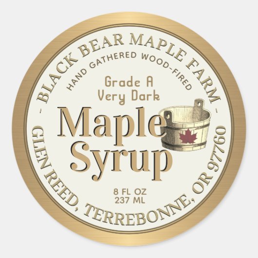 Gold und Elfenbeinholz Ahornsirup mit Eimer Runder Aufkleber (Vorderseite)