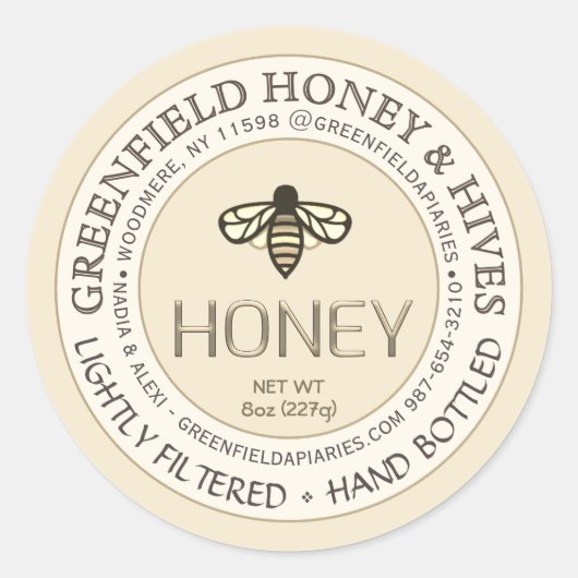 Gold- und Elfenbeinhoniglabel mit Honigwabe und Bi Runder Aufkleber (Vorderseite)