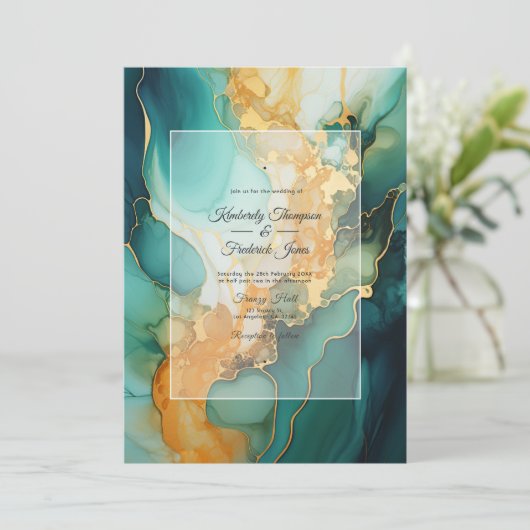 Gold und Emerald Alkohol Tinte Hochzeit Einladung (Stehend Vorderseite)