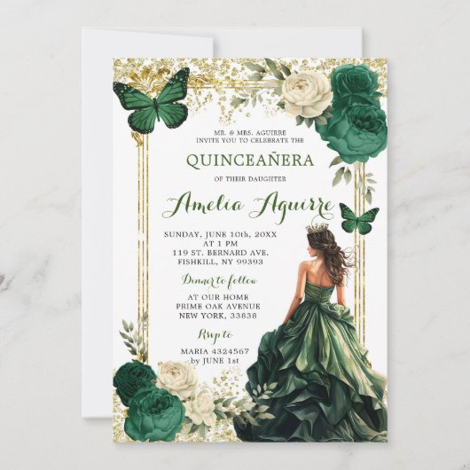 Gold und Emerald Green Königliche Prinzessin Quinc Einladung (Vorderseite)