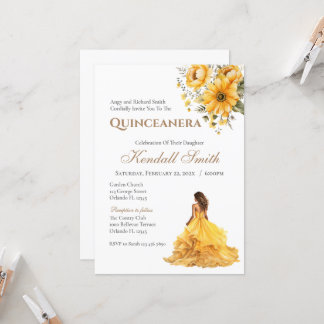 Gold und Gelbe Blumenprinzessin Quinceanera Einladung