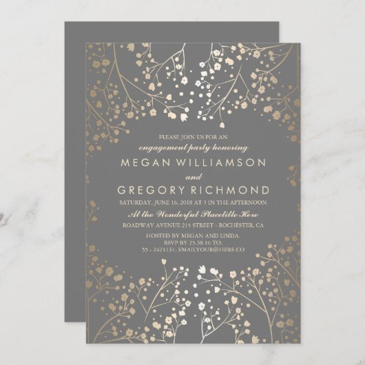 Gold- und Graue Gipskraut-Engagement Einladung (Vorne/Hinten)