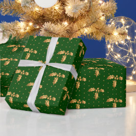 Gold und Green Christmas Holly Geschenkpapier