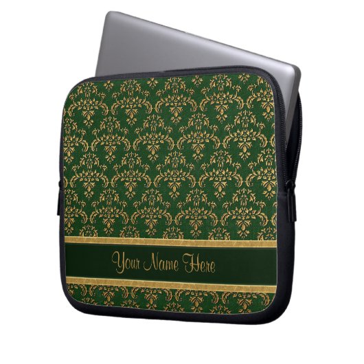 Gold- und Green Damask Muster Laptopschutzhülle (Vorderseite Links)