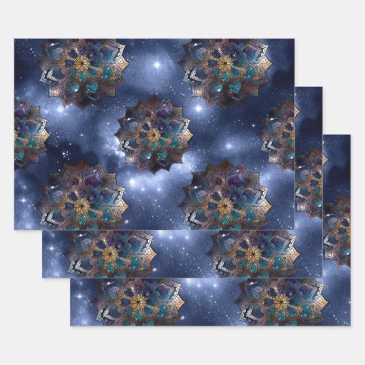 Gold und Green Mandalas auf dunklem Himmel Geschenkpapier Set (Set)