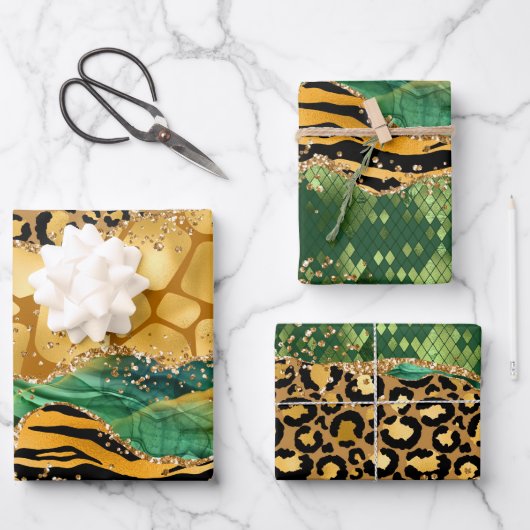 Gold und Green Safari Animal Print Agate Geschenkpapier Set (Vorderseite)