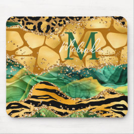 Gold und Green Safari Animal Print Agate Mousepad