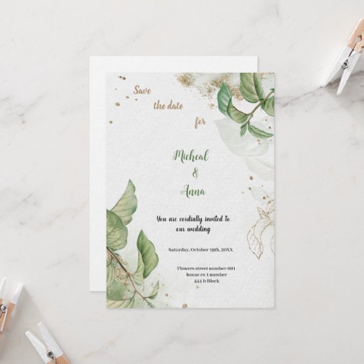 GOLD UND GREEN WEDING INVITATION EINLADUNG (Vorderseite/Rückseite Beispiel)