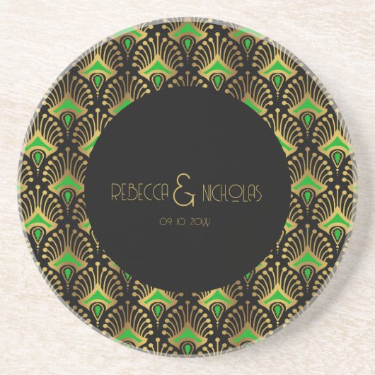 Gold und Grün Art Deco Muster Getränkeuntersetzer (Vorne)