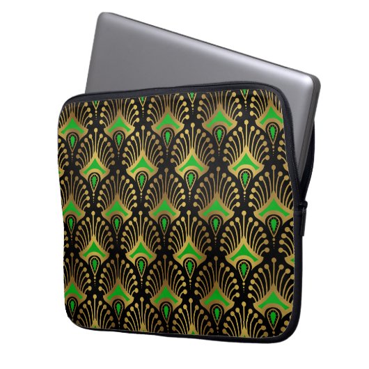 Gold und Grün Art Deco Muster Laptopschutzhülle (Vorderseite Links)