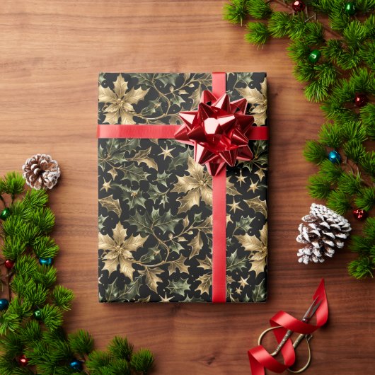 Gold- und Grün-Blätter-Verpackungspapier auf dunkl Geschenkpapier (Feiertagsgeschenk)