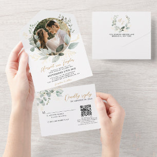Gold- und Grün-Eukalyptus-QR-Code-Foto-Hochzeit All In One Einladung