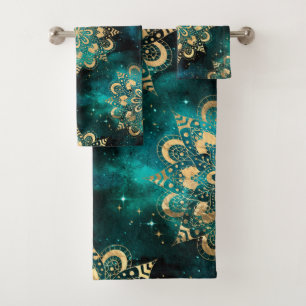 Gold- und Grün-Galaxie-Dharma-Mandala-Muster Badhandtuch Set