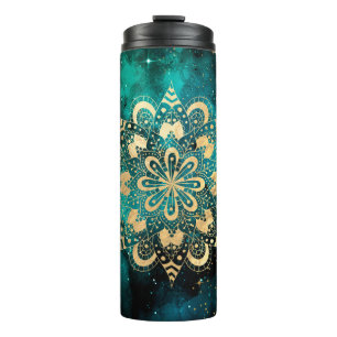 Gold- und Grün-Galaxie-Dharma-Mandala-Muster Thermosbecher