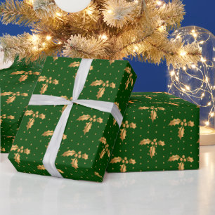 Gold- und Grün-Weihnachts-Stechpalme Geschenkpapier